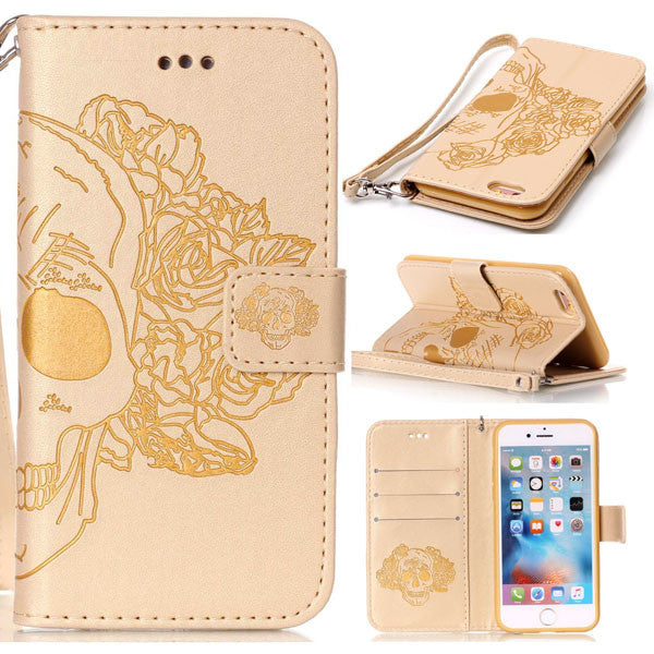 Phone Cases For iPhone 7 6 6s Plus SE 5 5s Case Fashion Embossed Skull Pattern Leather Flip Wallet Cover With Stand Holder Shell