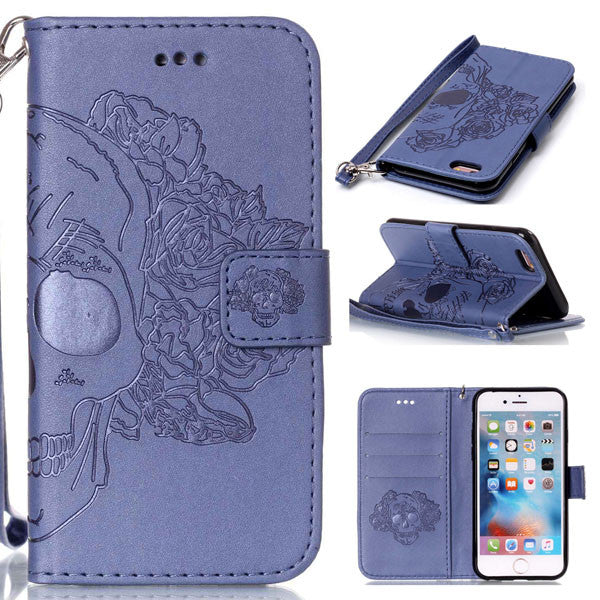 Phone Cases For iPhone 7 6 6s Plus SE 5 5s Case Fashion Embossed Skull Pattern Leather Flip Wallet Cover With Stand Holder Shell