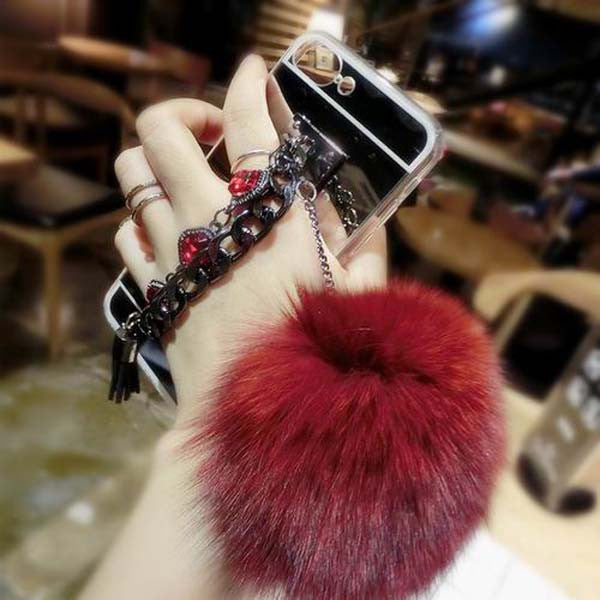 Phone Cases For iphone 7 7 Plus Funda Luxury Double Chain Fringe Mirror Coque Fur Ball Soft TPU Rubber Protect Back Cover Shell