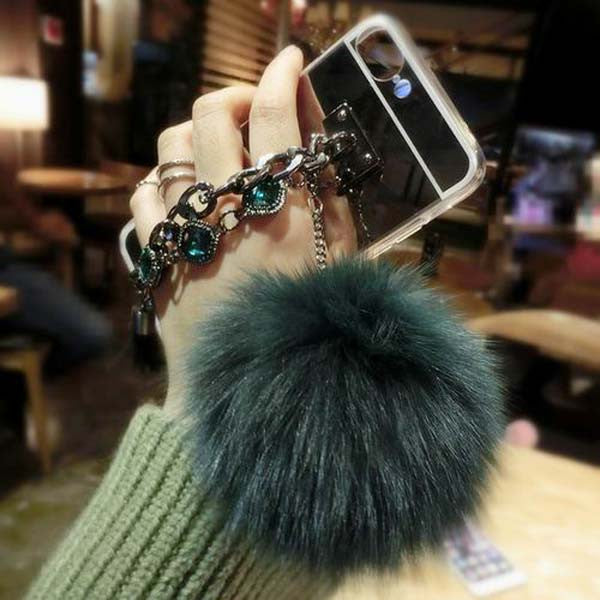 Phone Cases For iphone 7 7 Plus Funda Luxury Double Chain Fringe Mirror Coque Fur Ball Soft TPU Rubber Protect Back Cover Shell