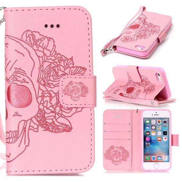 Wallet Leather Phone Cases For iPhone 7 6 6s Plus SE 5 5s Cover Capa Fashion Retro Embossed Skull Flower Pattern With Card Slot
