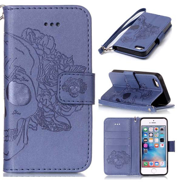 Wallet Leather Phone Cases For iPhone 7 6 6s Plus SE 5 5s Cover Capa Fashion Retro Embossed Skull Flower Pattern With Card Slot