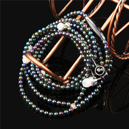 Luxury Bling Diamond Earphone Lady Pearl Necklace Chain Stereo In-Ear Earphones With Microphone For iphone 6 6s samsung Headset