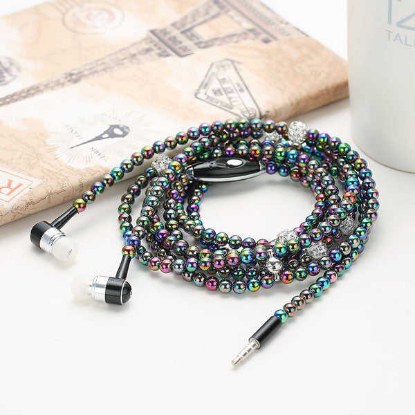 Luxury Bling Diamond Earphone Lady Pearl Necklace Chain Stereo In-Ear Earphones With Microphone For iphone 6 6s samsung Headset
