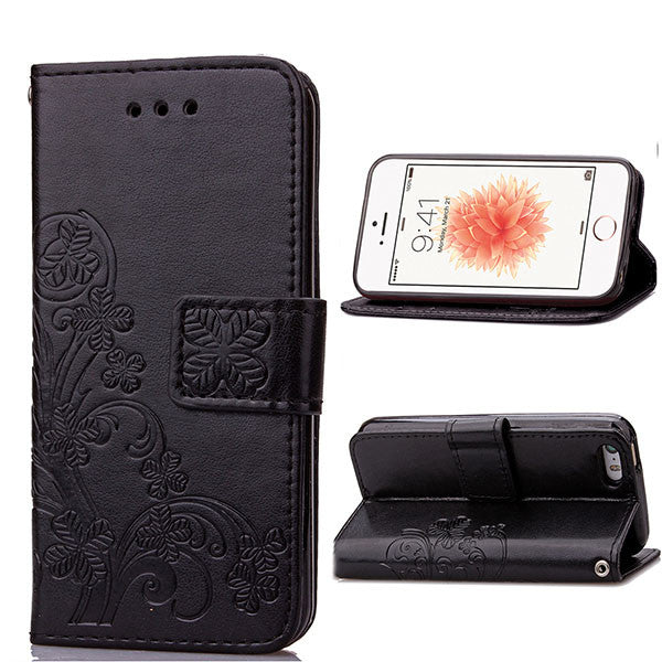 6 6s Luxury Leather Flip Wallet Phone Cases For iPhone 5 5s SE 6 6s Plus Case Retro Embossed Flower Cover Stand Holder Card Slot - ilovealma