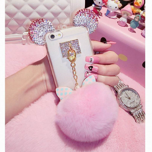 Luxury 3D Crystal Cute Mice Ear Head Bowknot Fur Ball Phone Cases For iPhone 7 6 6s Plus SE 5 5s Clear Soft TPU Back Cover Capa