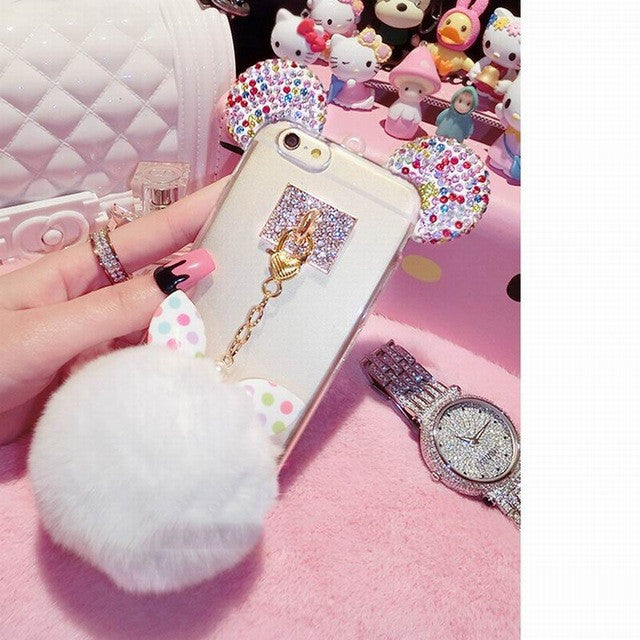 Luxury 3D Crystal Cute Mice Ear Head Bowknot Fur Ball Phone Cases For iPhone 7 6 6s Plus SE 5 5s Clear Soft TPU Back Cover Capa