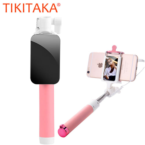 Universal Mirror Monopod Luxury Mini Portable Folded Wired Selfie Sticks For iphone 6 6s 5s IOS Android Mobile Phone Self Sticks