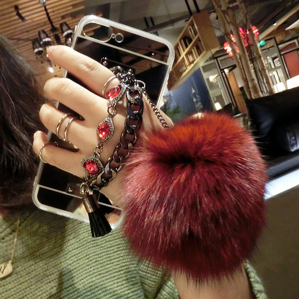 Retro Chain Tassel fox puff pompoms fur ball Phone Cases For iphone 7 6 Plus Case Clear mirror Soft TPU Silicone Back Cover Capa
