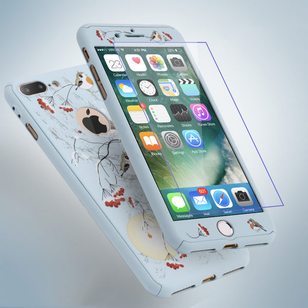 Ultra thin 360 Case + Glass Film Protector Phone Cases For iPhone 6 6s Plus Cover Full Body 3D Embossed Matte Flower Hard Shell