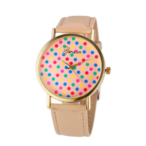 GENVIVIA 2017 Women's Colored Dots Analog Leather Quartz Wrist Watch Watches Orologio da donna
