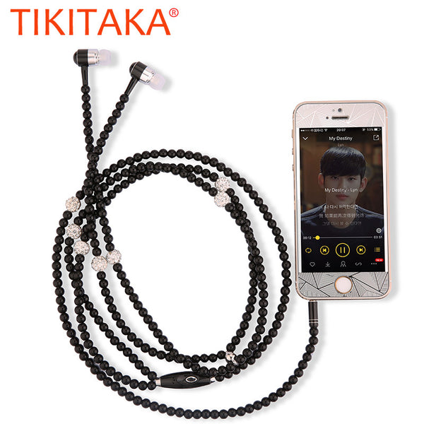 New Fashion Bling Diamond Pearl Necklace Chain Earphone Stereo Earphones With Mic For iphone Samsung SmartPhone PC Elegant Style