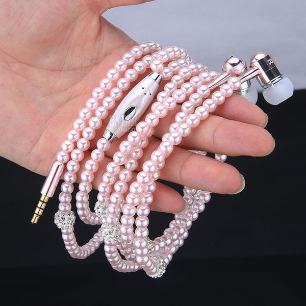 New Fashion Bling Diamond Pearl Necklace Chain Earphone Stereo Earphones With Mic For iphone Samsung SmartPhone PC Elegant Style