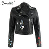 Simplee Embroidery black leather jacket women Zipper motorcycle faux leather coat Winter fashion biker jacket outerwear & coats