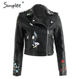Simplee Embroidery black leather jacket women Zipper motorcycle faux leather coat Winter fashion biker jacket outerwear & coats