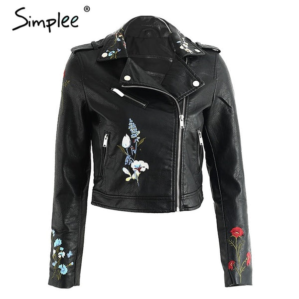 Simplee Embroidery black leather jacket women Zipper motorcycle faux leather coat Winter fashion biker jacket outerwear & coats