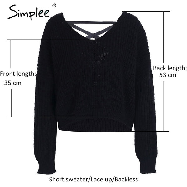 Simplee Sexy backless knitting pullover Fashion lace up autumn winter sweater women tops Casual hollow out jumper pull femme