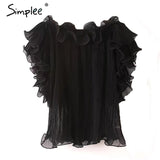 Simplee Ruffle off shoulder chiffon blouse shirt Women elegant pleated summer blouse top tees Female casual white blouse bluasa