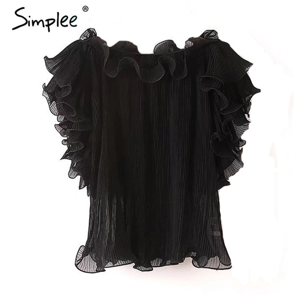 Simplee Ruffle off shoulder chiffon blouse shirt Women elegant pleated summer blouse top tees Female casual white blouse bluasa