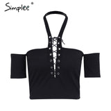 Simplee Halter lace up sexy sweater top tees Women off shoulder slim summer crop top Casual hollow out streewear female tops