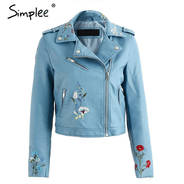 Simplee Embroidery black leather jacket women Zipper motorcycle faux leather coat Winter fashion biker jacket outerwear & coats