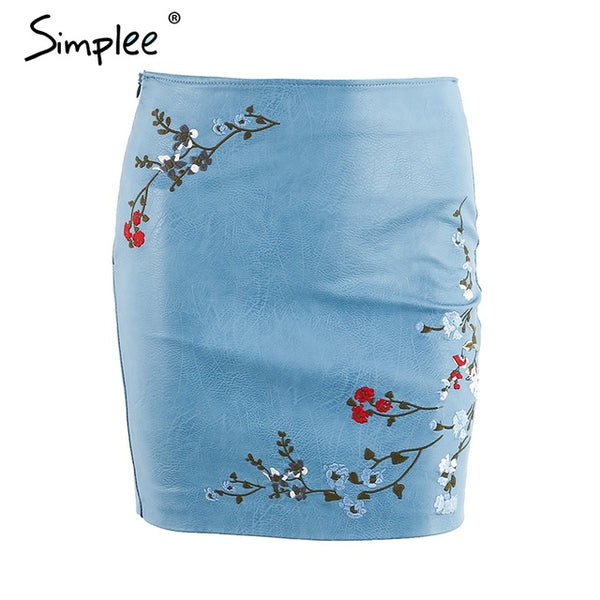 Simplee Vintage embroidery leather skirt women Elegant zipper PU pencil skirt 2017 Autumn fashion streetwear mini skirt