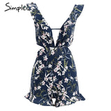 Simplee Sexy ruffle floral print jumpsuit romper Women deep v neck backless overalls Causal hollow out summer beach playsuit
