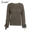 Simplee Casual o neck knitted sweater women jumper Lace up sleeve knitting pull femme 2017 autumn winter sweater pullover female