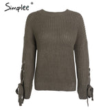 Simplee Casual o neck knitted sweater women jumper Lace up sleeve knitting pull femme 2017 autumn winter sweater pullover female