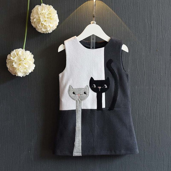 Bear Leader Girls Dress 2016 Fashion Style Cartoon Cats Dress Sleeveless Wool Outwears O-neck Embroidery Children Clothing 3-7Y - ilovealma