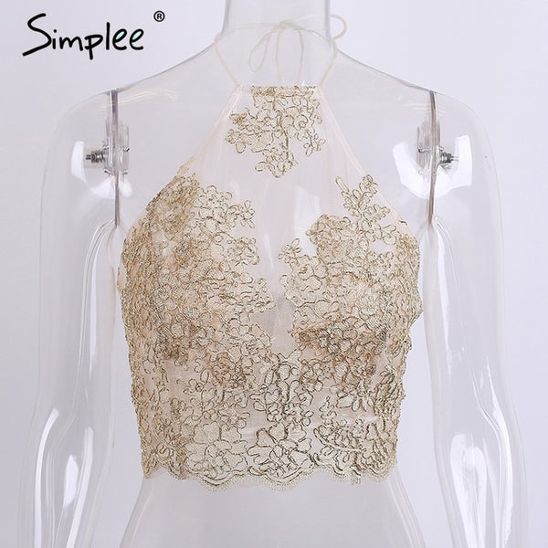 Gold Mesh Embroidery Lace Halter Crop Top  Halter crop top, Lace crop tops,  Crop tops