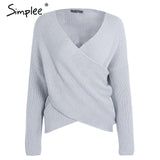 Simplee V neck cross knitting winter sweater women Fashion down sleeve pullover female New 2017 autumn winter casual jumper
