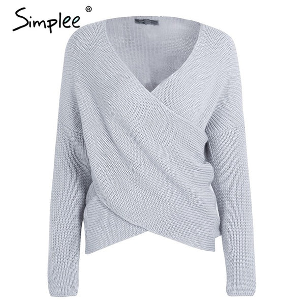 Simplee V neck cross knitting winter sweater women Fashion down sleeve pullover female New 2017 autumn winter casual jumper