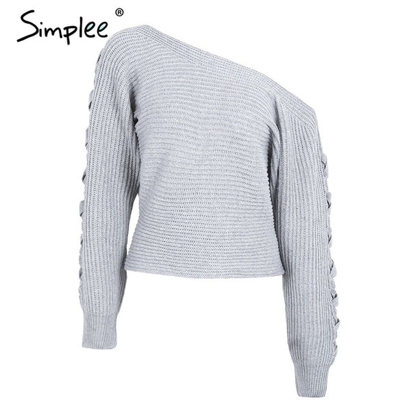 Simplee Sexy lace up winter knitted sweater pullover Women one shoulder loose sweater jumper Autumn batwing sleeve gray sweater