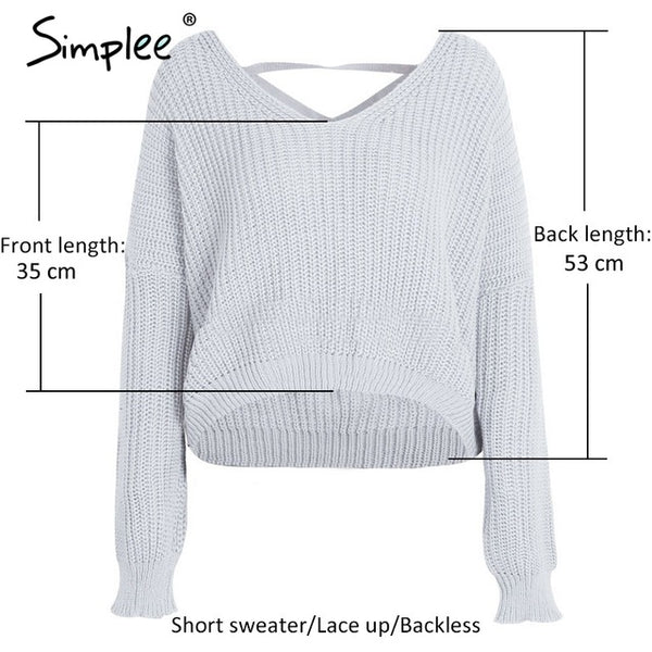 Simplee Sexy backless knitting pullover Fashion lace up autumn winter sweater women tops Casual hollow out jumper pull femme