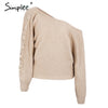 Simplee Sexy lace up winter knitted sweater pullover Women one shoulder loose sweater jumper Autumn batwing sleeve gray sweater