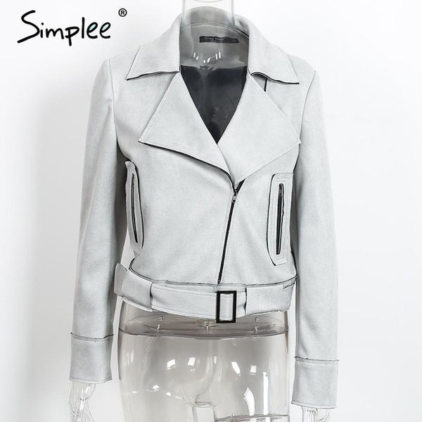 Simplee Apparel Zipper basic suede jacket coat 2016 motorcycle jacket Women outwear Pink belted short winter jackets