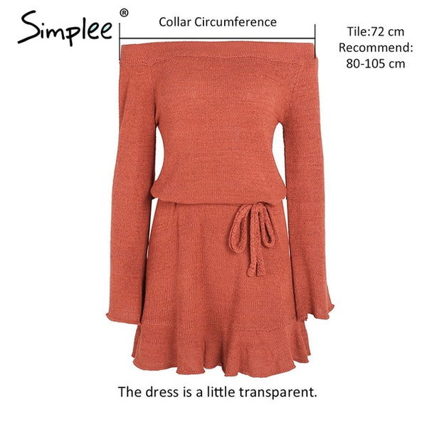 Simplee Sexy off shoulder knitting sweater dress women Elegant ruffle sash short dress Casual long sleeve autumn winter dress