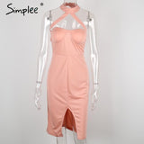 Simplee Sexy halter pink summer dress women Bodycon evening party dress Girls elegant club high waist vestidos