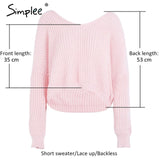 Simplee Sexy backless knitting pullover Fashion lace up autumn winter sweater women tops Casual hollow out jumper pull femme