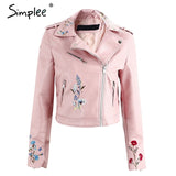 Simplee Embroidery black leather jacket women Zipper motorcycle faux leather coat Winter fashion biker jacket outerwear & coats