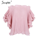 Simplee Ruffle off shoulder chiffon blouse shirt Women elegant pleated summer blouse top tees Female casual white blouse bluasa