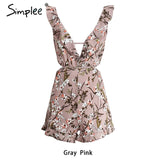 Simplee Sexy ruffle floral print jumpsuit romper Women deep v neck backless overalls Causal hollow out summer beach playsuit