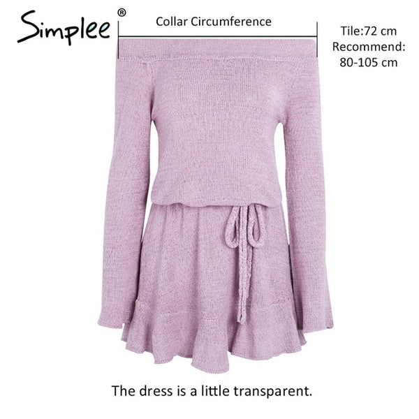 Simplee Sexy off shoulder knitting sweater dress women Elegant ruffle sash short dress Casual long sleeve autumn winter dress
