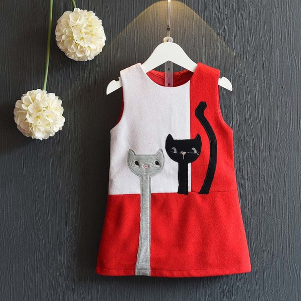 Bear Leader Girls Dress 2016 Fashion Style Cartoon Cats Dress Sleeveless Wool Outwears O-neck Embroidery Children Clothing 3-7Y - ilovealma