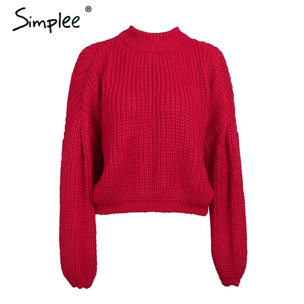 Simplee Winter lantern sleeve knitted sweater pullover Women loose round neck red sweater Female autumn casual sweater jumper