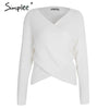 Simplee V neck cross knitting winter sweater women Fashion down sleeve pullover female New 2017 autumn winter casual jumper