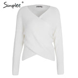 Simplee V neck cross knitting winter sweater women Fashion down sleeve pullover female New 2017 autumn winter casual jumper