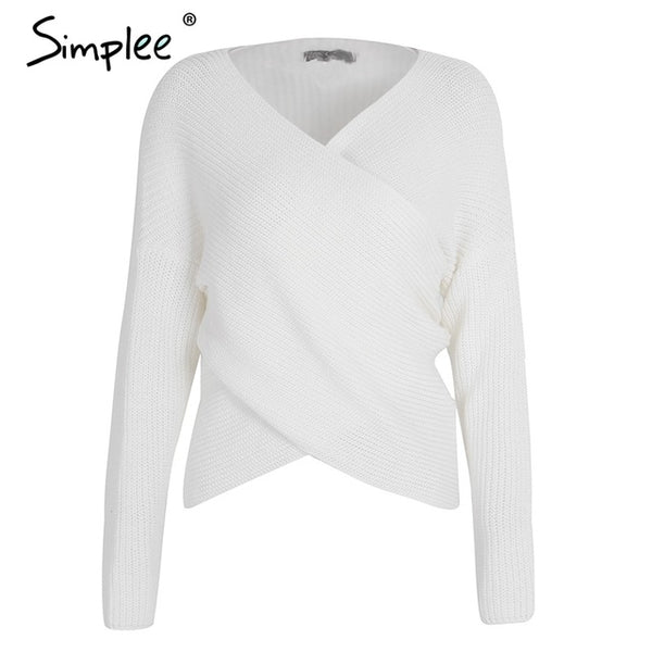 Simplee V neck cross knitting winter sweater women Fashion down sleeve pullover female New 2017 autumn winter casual jumper