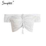 Simplee off shoulder mesh tank top tees Women black short sleeve bustier crop top Sexy club white tops tassel female camisole